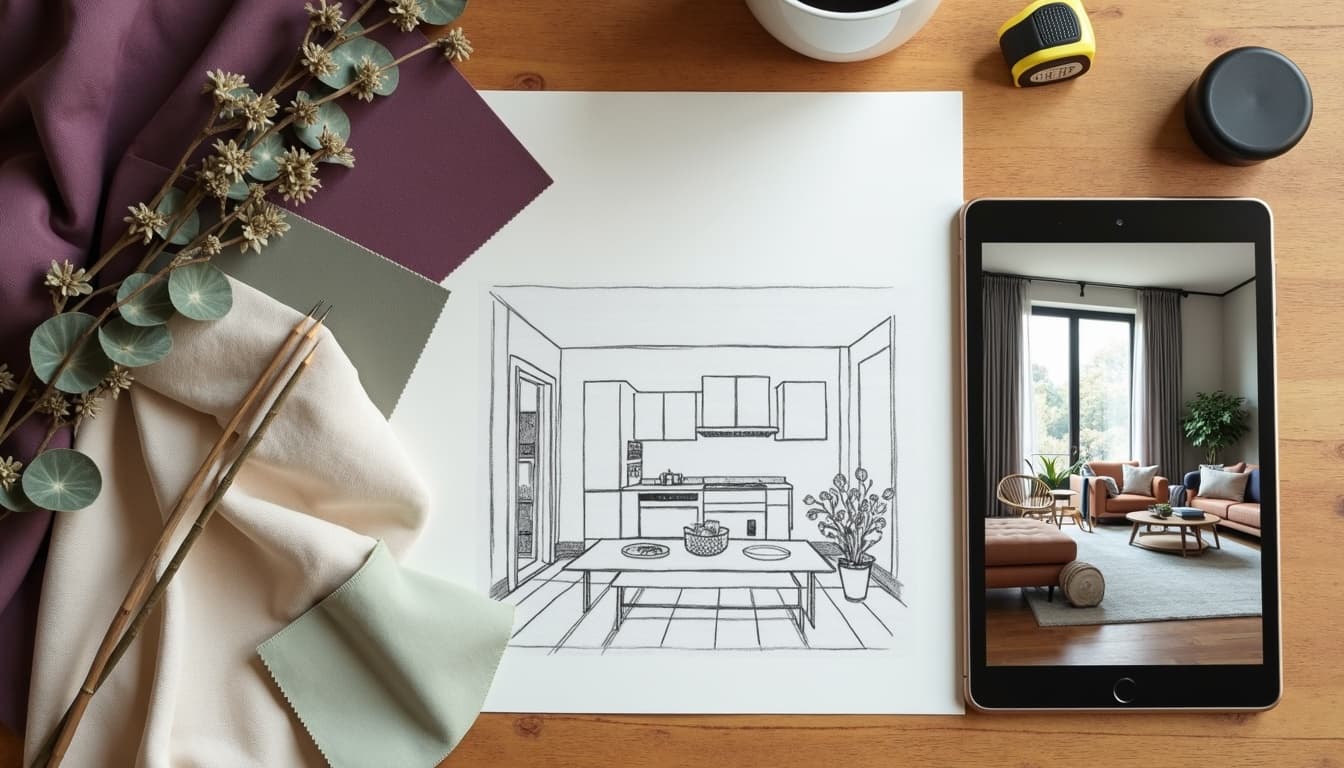 A home stager's worktable: plum and sage fabric swatches, a hand-sketched room drawing, a tape measure, and a tablet showing a furnished living room design