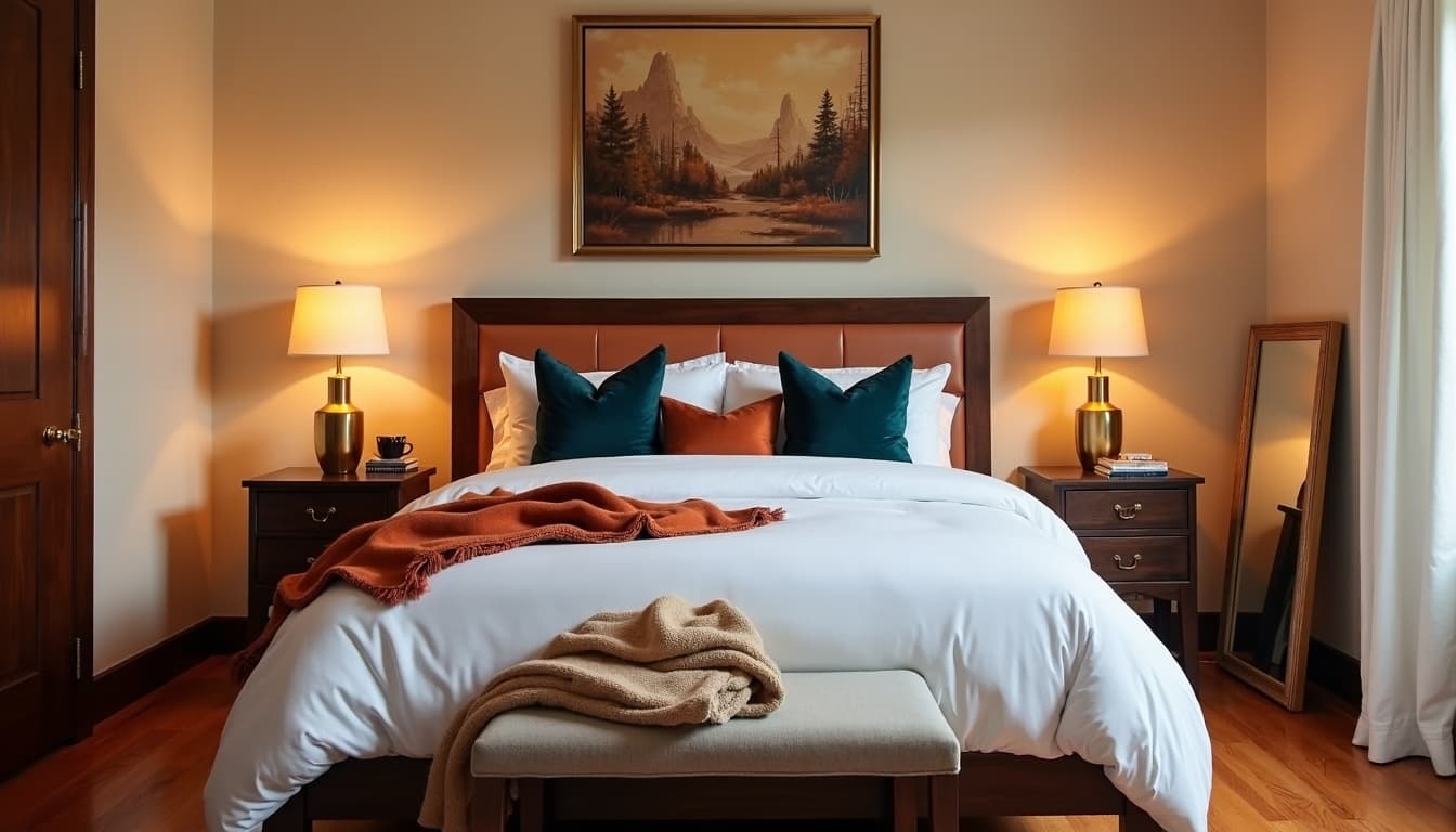 Short-term rental bedroom at golden hour staged for listing photos: white hotel bedding with teal and terracotta pillows, brass lamps, local landscape art, and a leaning statement mirror