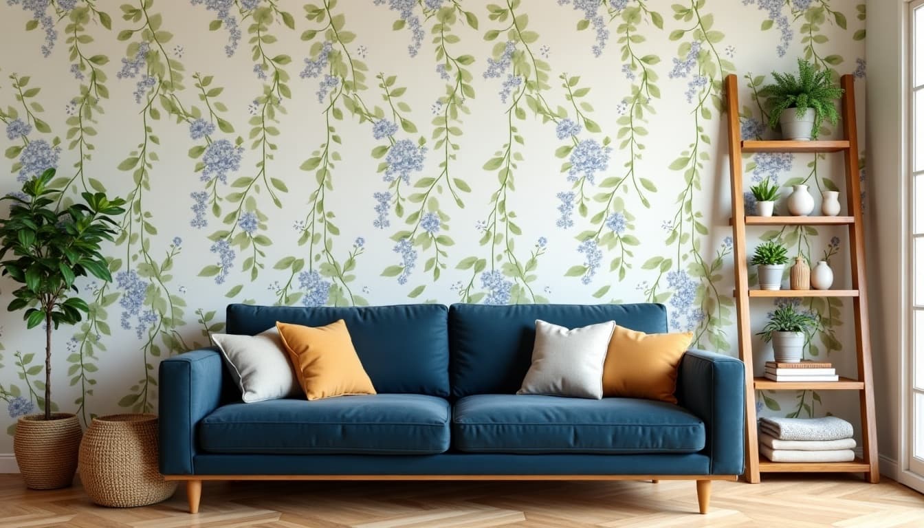 Rental living room with removable botanical wallpaper covering the whole wall, a navy sofa with ochre pillows, and an oak leaning shelf styled with plants and ceramics