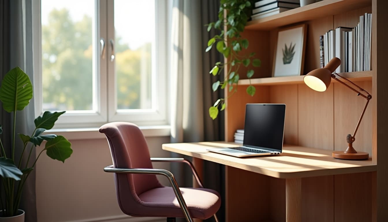 Home office desk set up for video calls: daylight from a window facing the chair, a tidy shelf backdrop with plants and books, and a warm lamp filling in the shadows