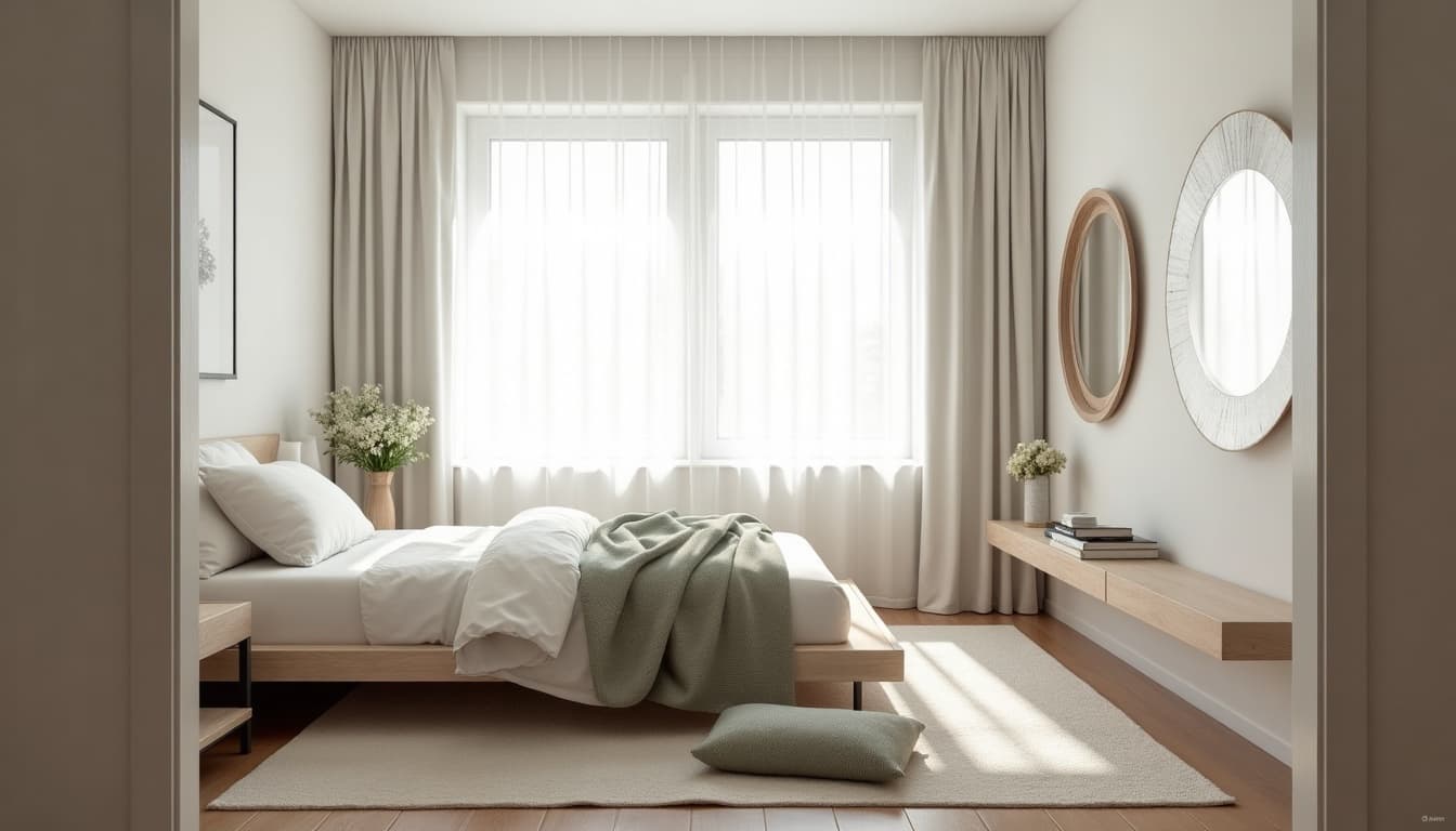 Small bedroom styled to feel bigger: sheer curtains hung high and wide, a low bed with a sage throw, a large light rug, a floating shelf and round mirrors on the far wall