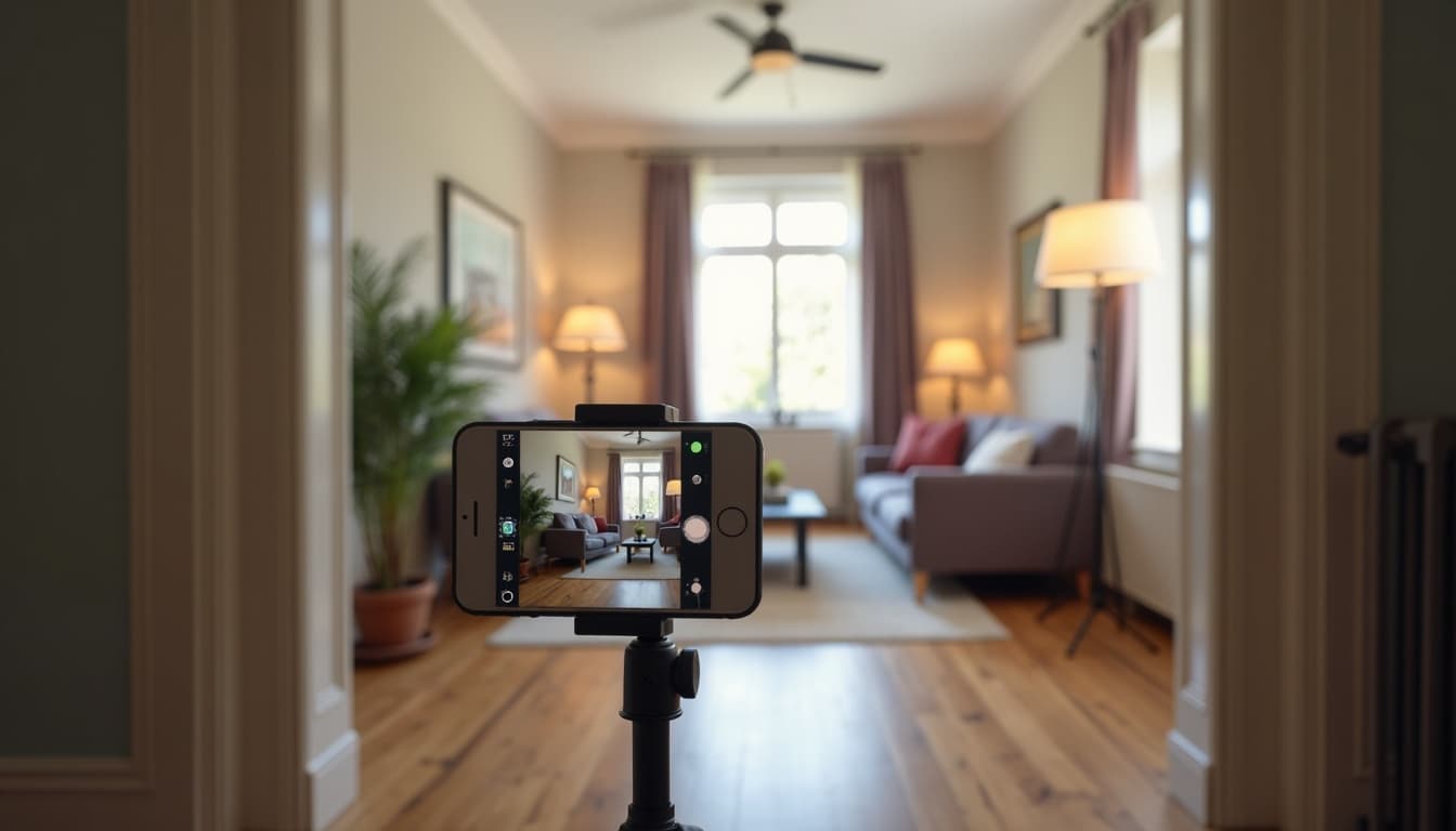 A smartphone at chest height in a doorway framing a tidy, daylit living room, with the room visible on the phone screen