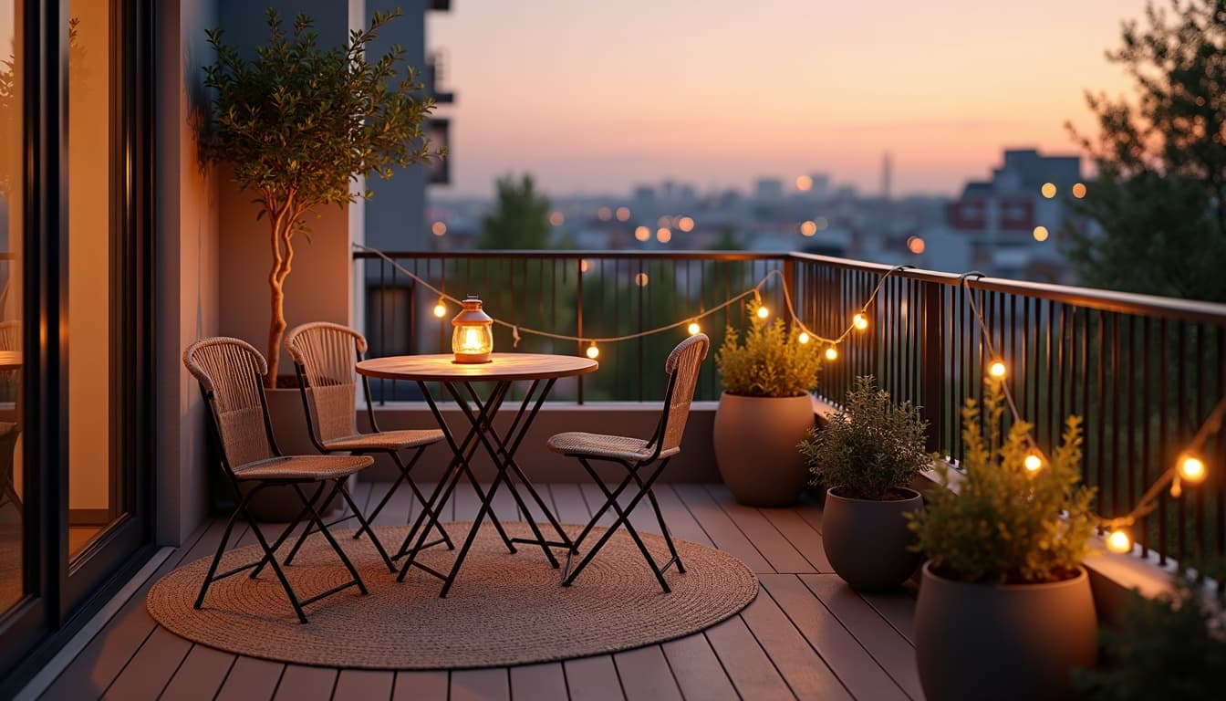 Small apartment balcony at dusk with a bistro set on an outdoor rug over deck tiles, string lights on the railing, and large potted plants