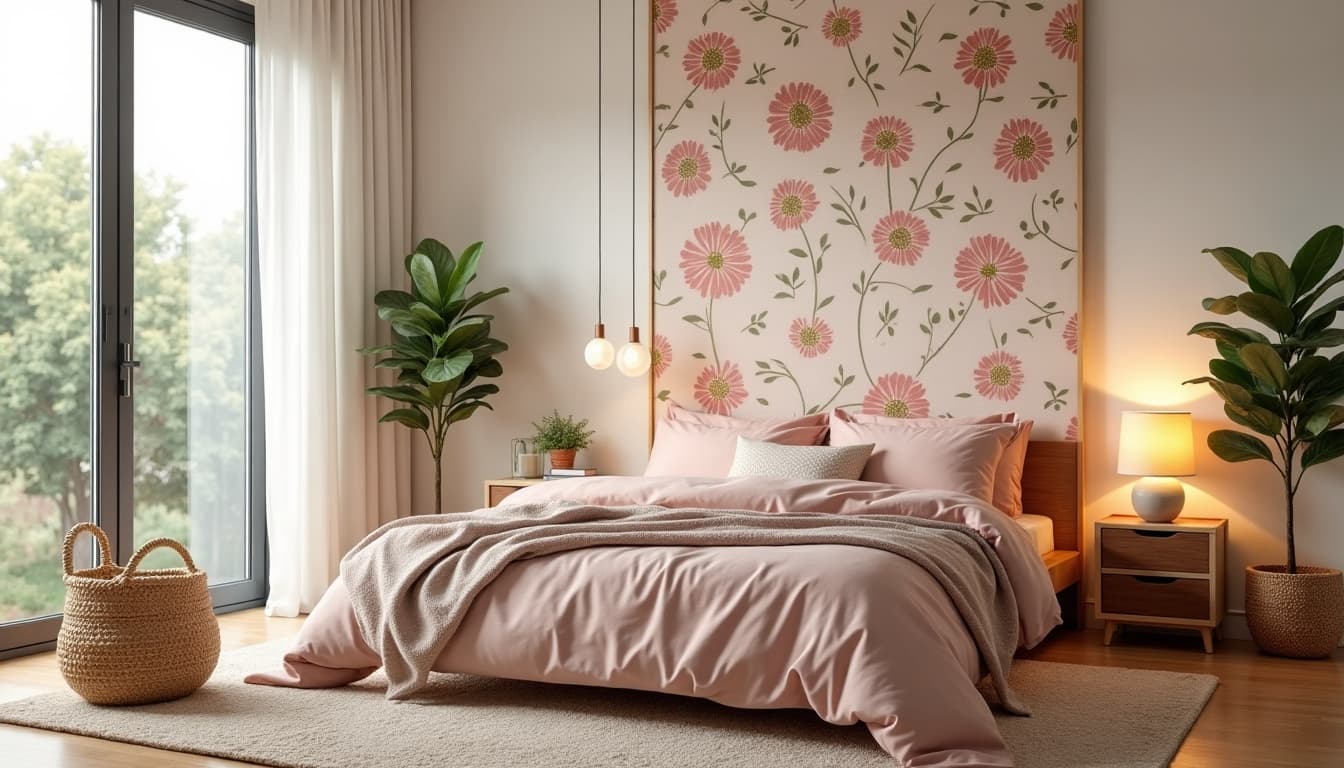 Rental bedroom refreshed with reversible touches: a framed blush floral removable-wallpaper panel behind the bed, blush and olive bedding, plants at three heights, woven baskets and warm lamps