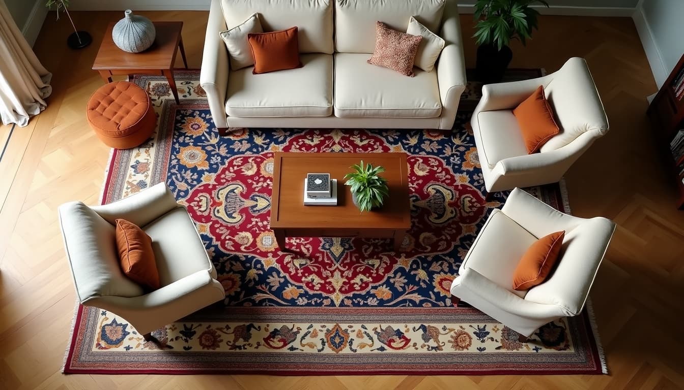 Bird's-eye view of a living room: a sofa and armchairs with their front legs on a red and indigo Persian medallion rug and back legs on bare wood floor, coffee table centered on the rug